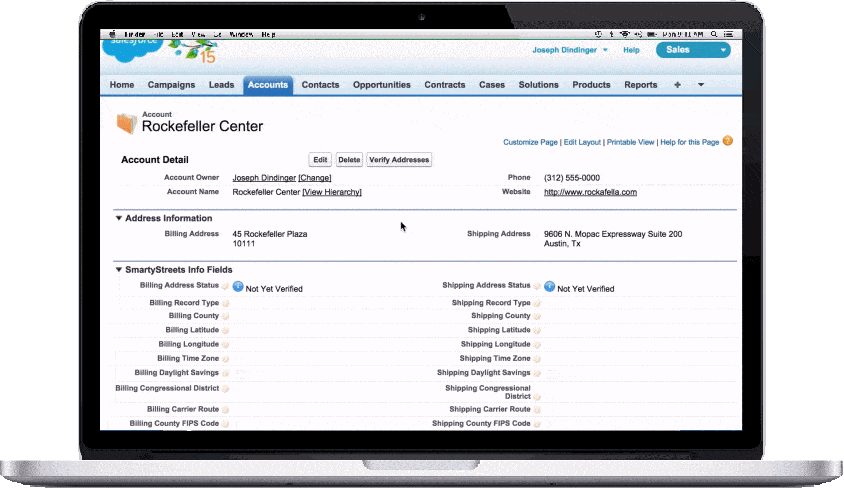 Animation: on an Account record in Salesforce Classic, a user clicks Verify Addresses. The billing and shipping addresses change to the USPS standard form. The fields below fill in with status, county, latitude, longitude, time zone and more.