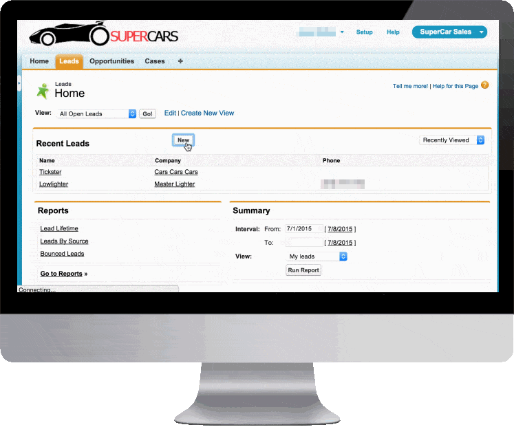 Animation: a user creates a Lead in Salesforce. Highlighter colors the empty Phone and Email fields yellow, the Est. Budget green and the Rating blue.