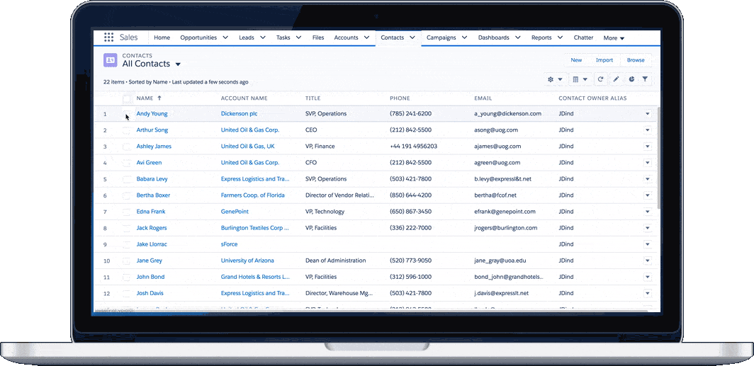 Animation: a user ticks four Contacts in a Salesforce list view and clicks Browse. List Browse opens the first Contact, and the next arrow steps through the other three.
