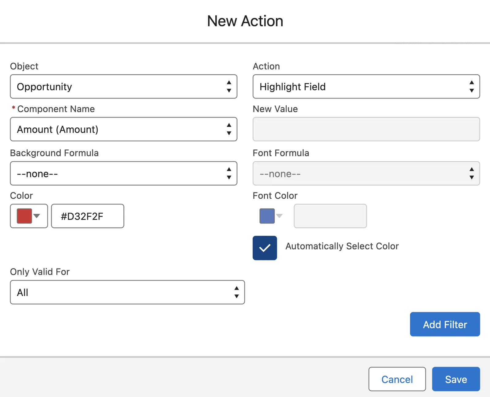 A New Action window for Opportunity. Highlight Field on Amount, with a red color and Automatically Select Color ticked.