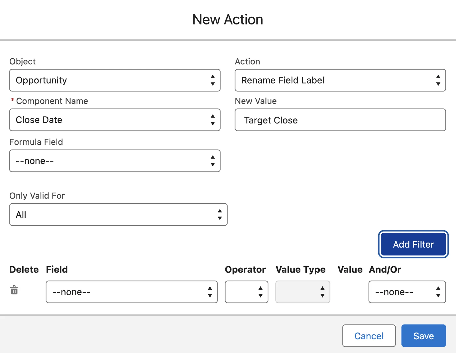 A filter row with the Field, Operator, Value Type, Value and And/Or lists.