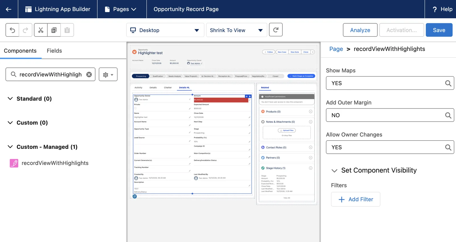 The Lightning App Builder. The recordViewWithHighlights component sits in the Details HL tab. Its settings show on the right.