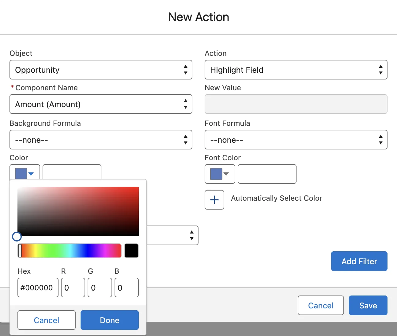 The Highlighter color picker, with a color area, a hex code box, R, G and B boxes, and Cancel and Done buttons.