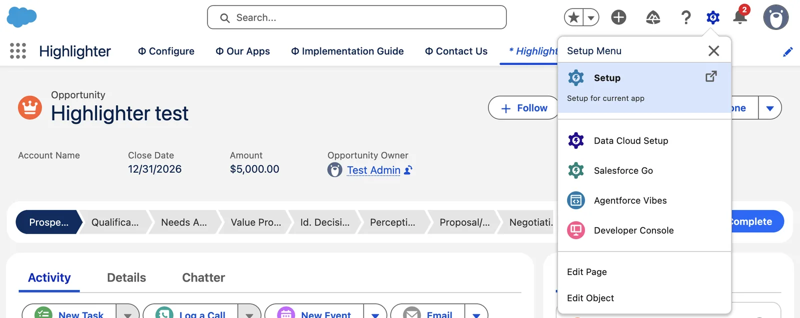 An Opportunity record with the gear menu open. Edit Page sits near the bottom of the menu.