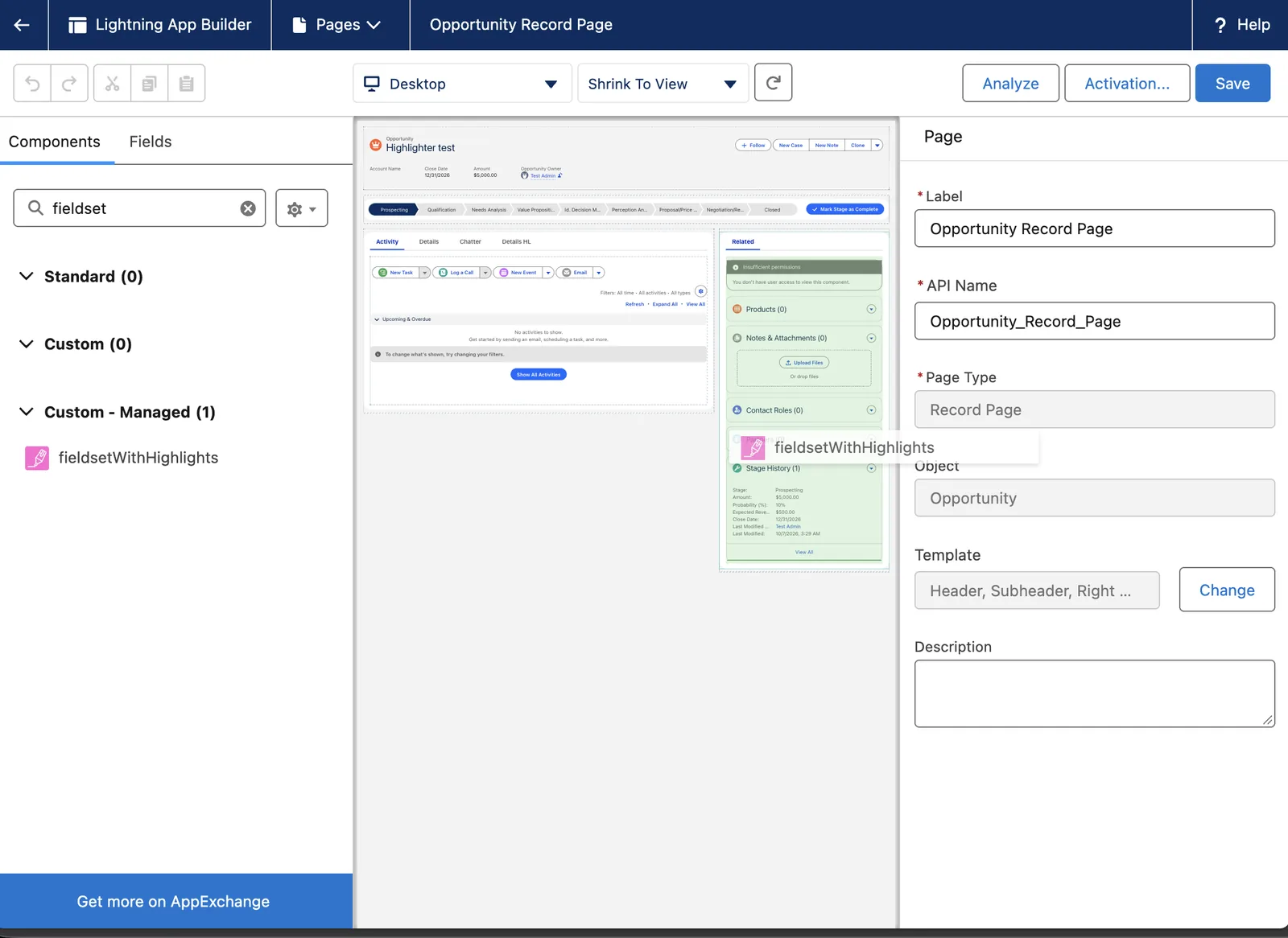 The Lightning App Builder on an Opportunity page. The fieldsetWithHighlights component is dragged onto the right column, which turns green.