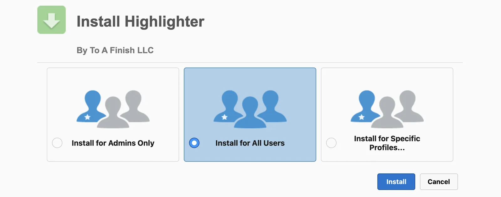 The Salesforce install screen for Highlighter, with Install for All Users selected.
