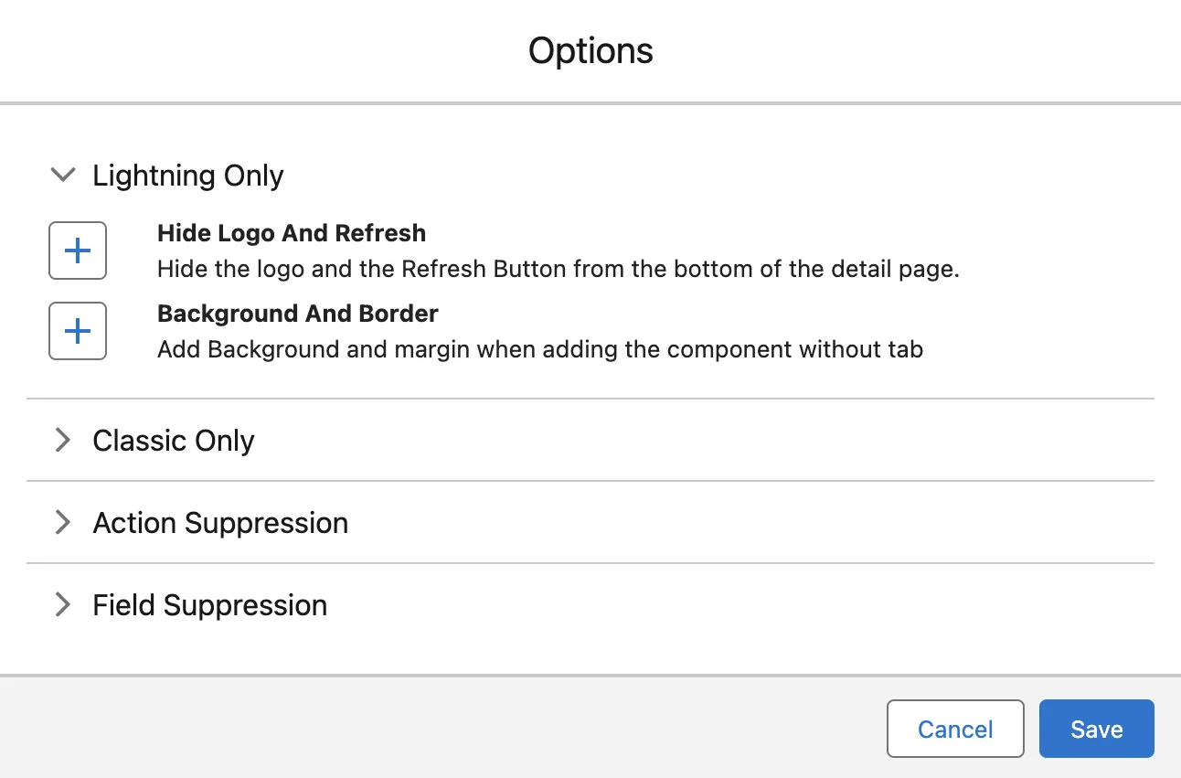 The Highlighter Options window, with the Lightning Only, Classic Only, Action Suppression and Field Suppression groups.