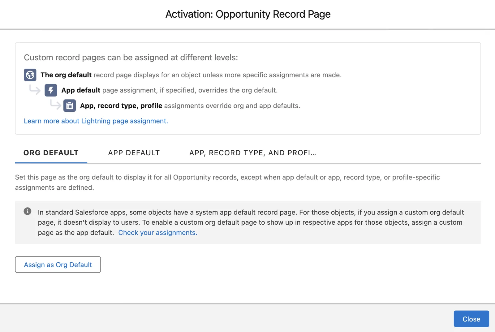 The page activation window, with the Assign as Org Default button.