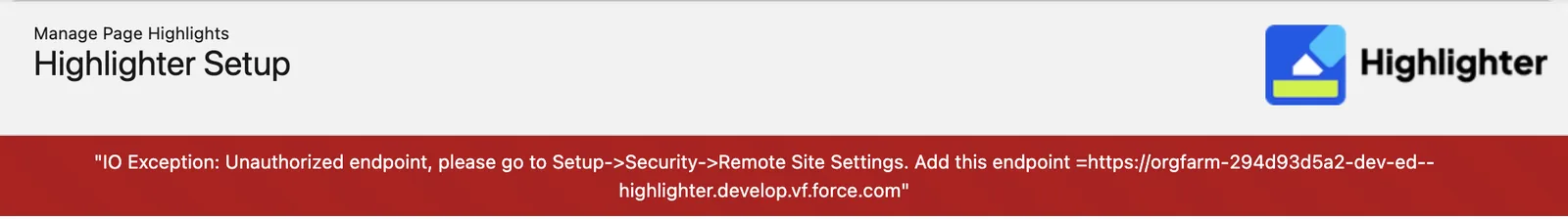 The Highlighter Setup page with a red error. The error names the address to add as a remote site.