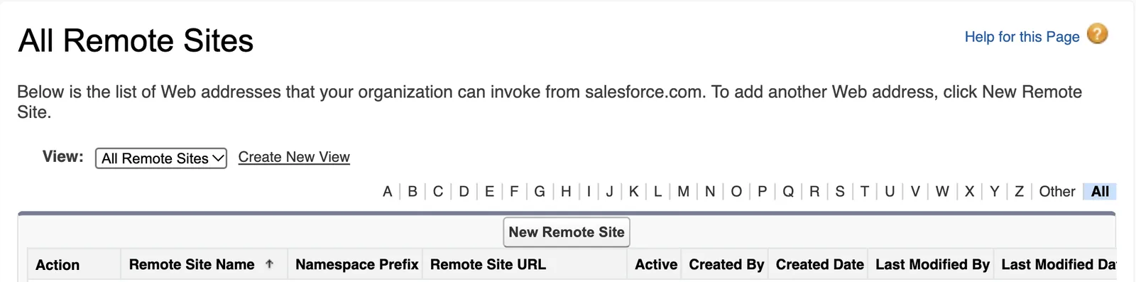 The All Remote Sites page in Setup, with the New Remote Site button.
