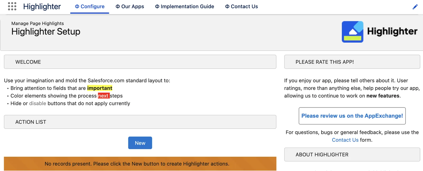 The Highlighter Setup page with no actions yet and a New button.