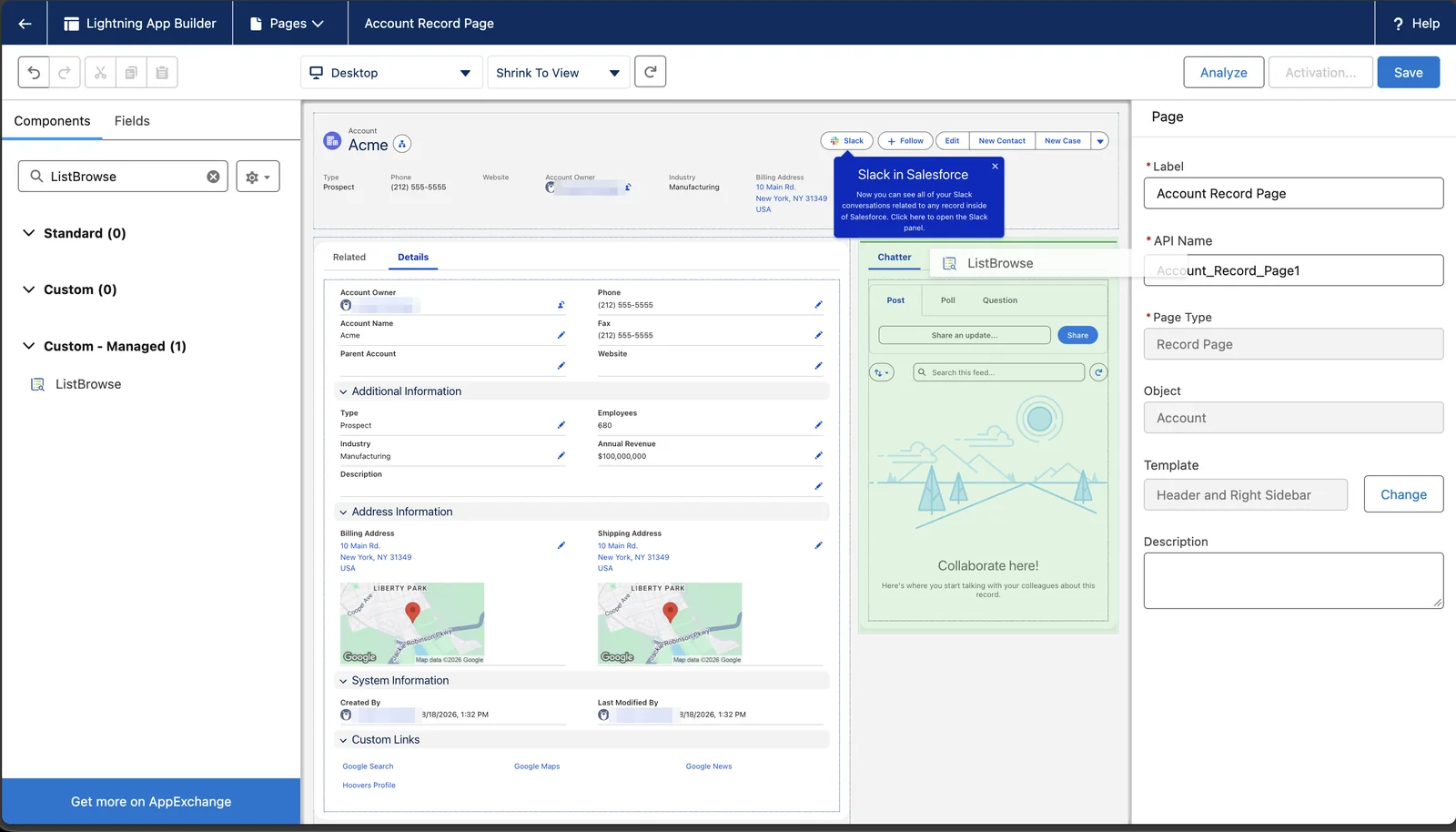 The Lightning App Builder on an Account page. The ListBrowse component sits at the top of the right column.