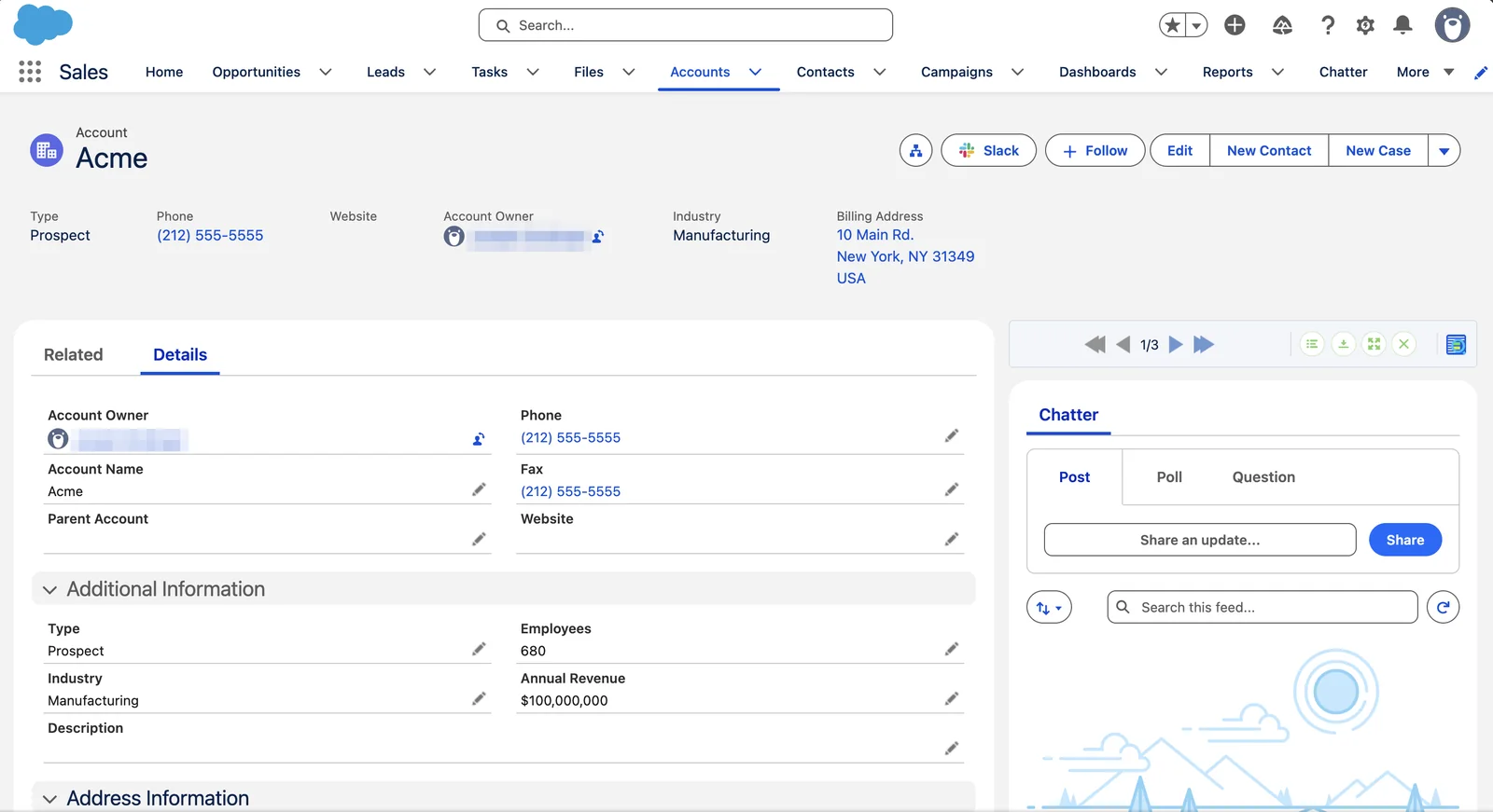 An Account record in the Sales app. The List Browse bar sits at the top of the right column and shows 1/3.
