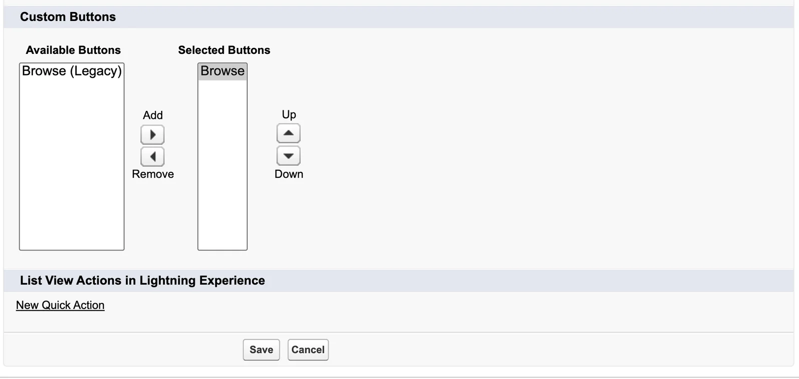 The List View button layout for Account. Browse sits in Selected Buttons under Custom Buttons.