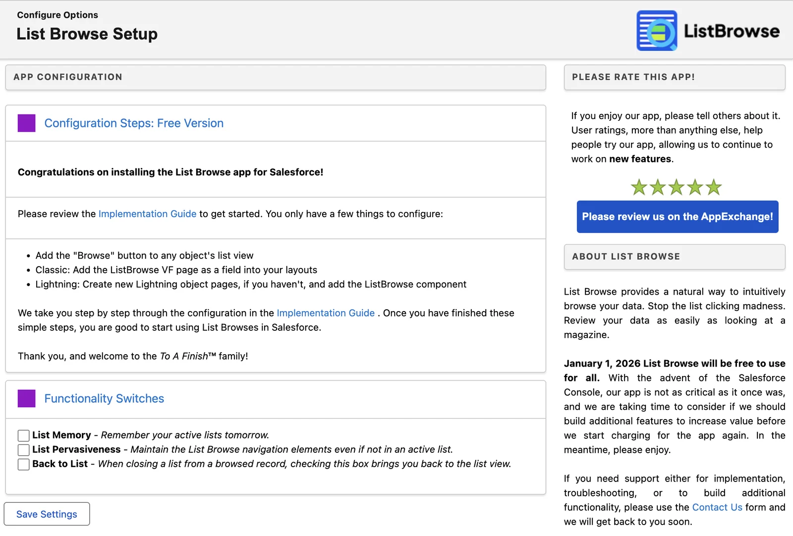 The List Browse Setup page, with the List Memory, List Pervasiveness and Back to List switches and the Save Settings button.