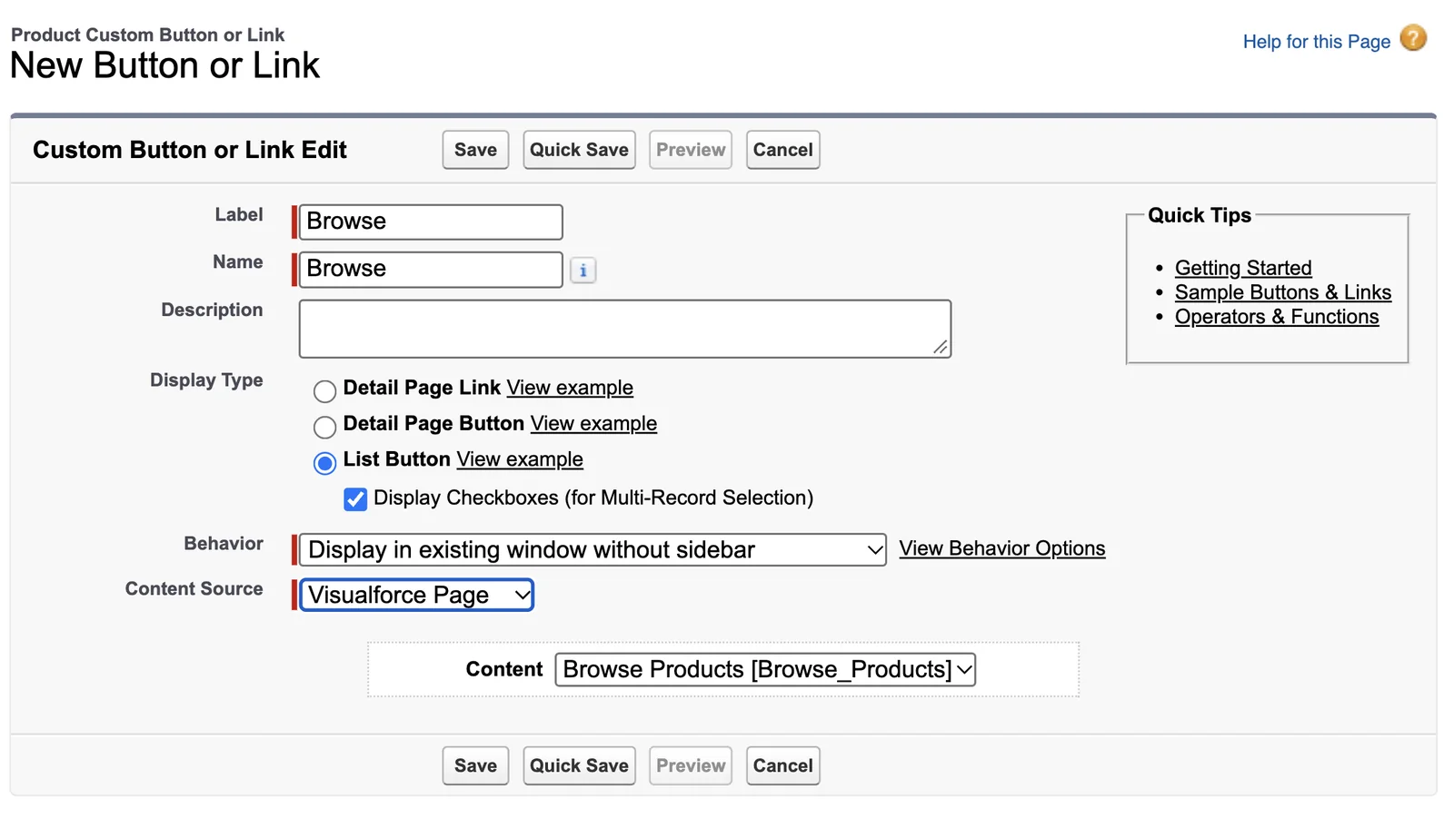 The New Button or Link form for Product: Label Browse, List Button with Display Checkboxes ticked, and the Visualforce page Browse Products.