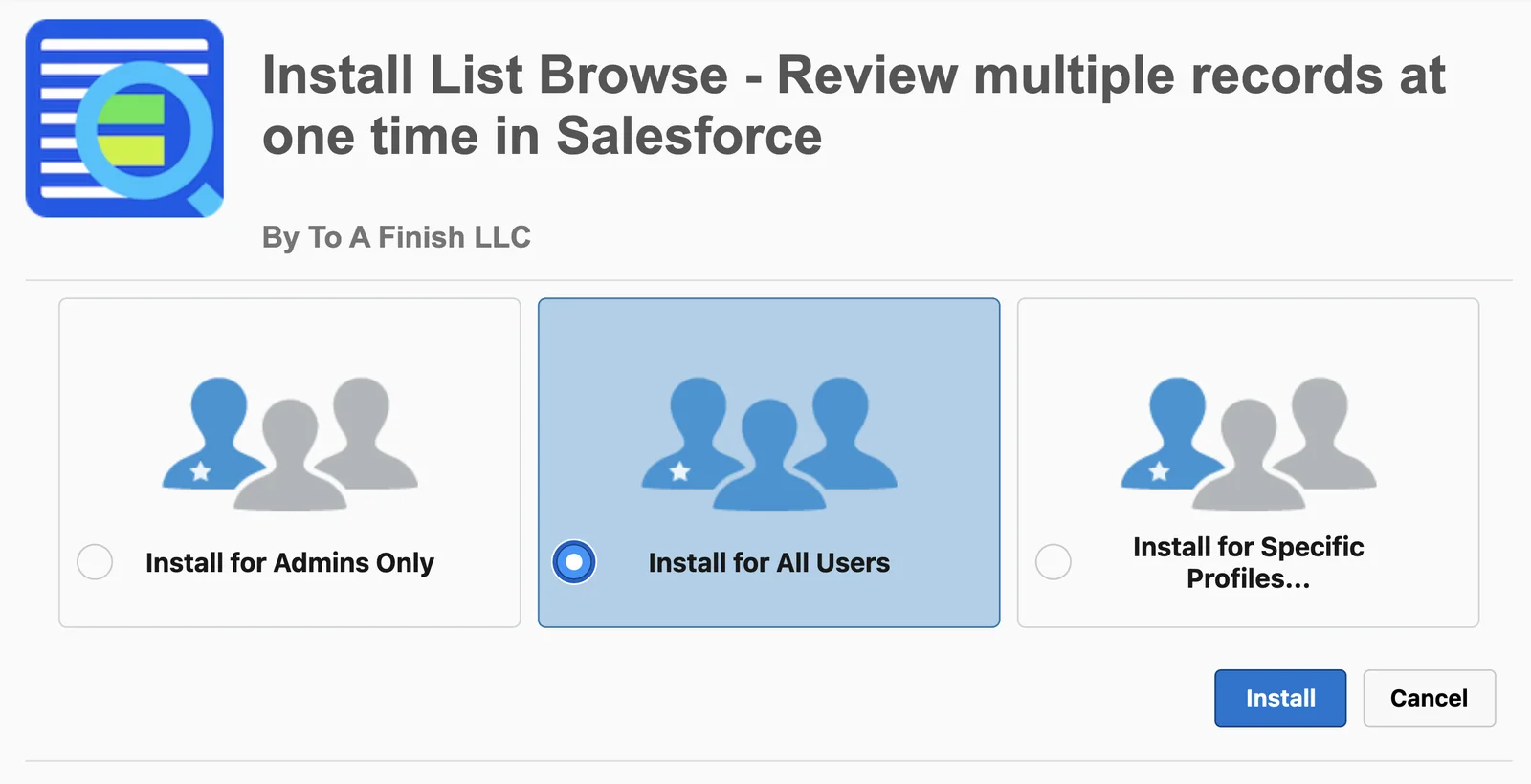 The Salesforce install screen for List Browse, with Install for All Users selected.