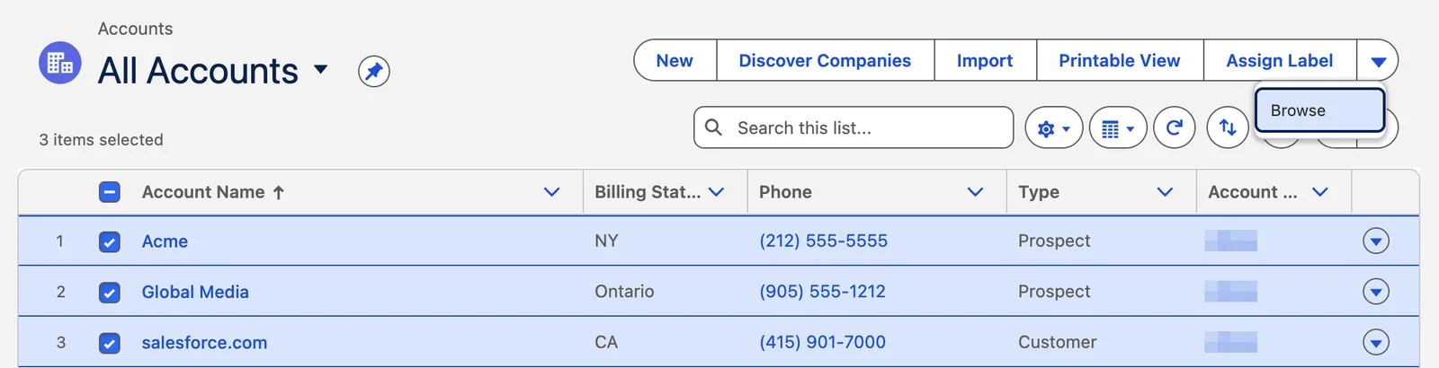 The All Accounts list view with three records ticked and the Browse button at the top right.
