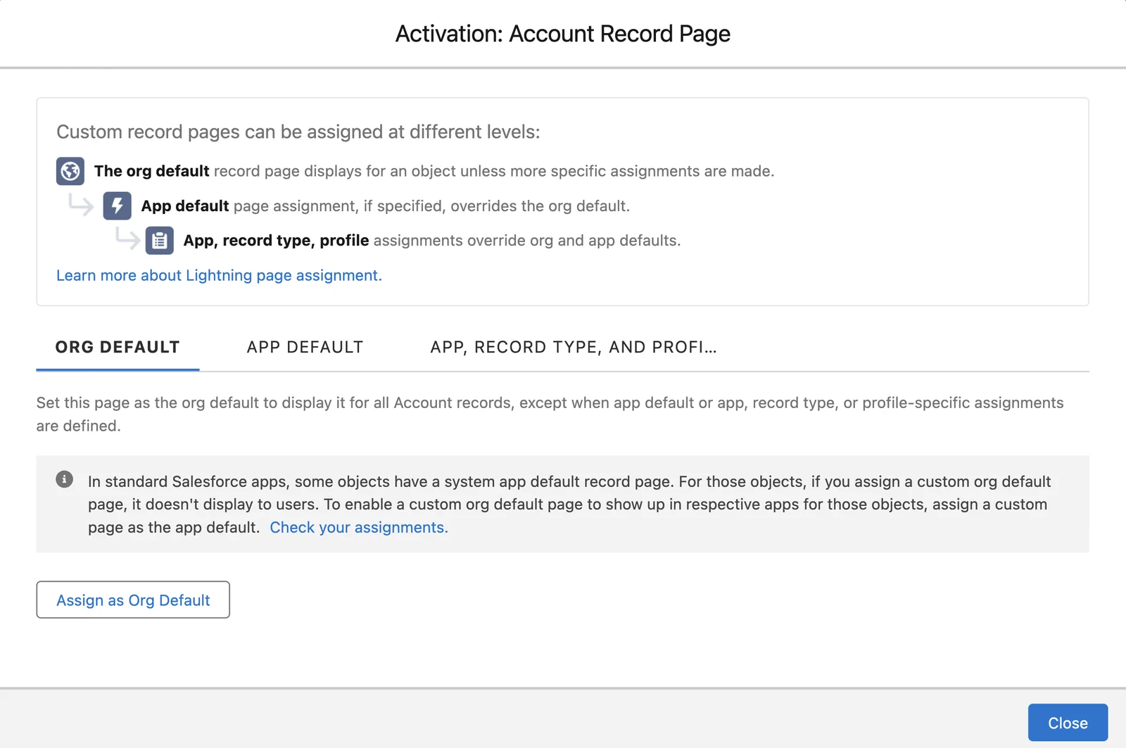 The activation window for the Account Record Page, on the Org Default tab, with the Assign as Org Default button.